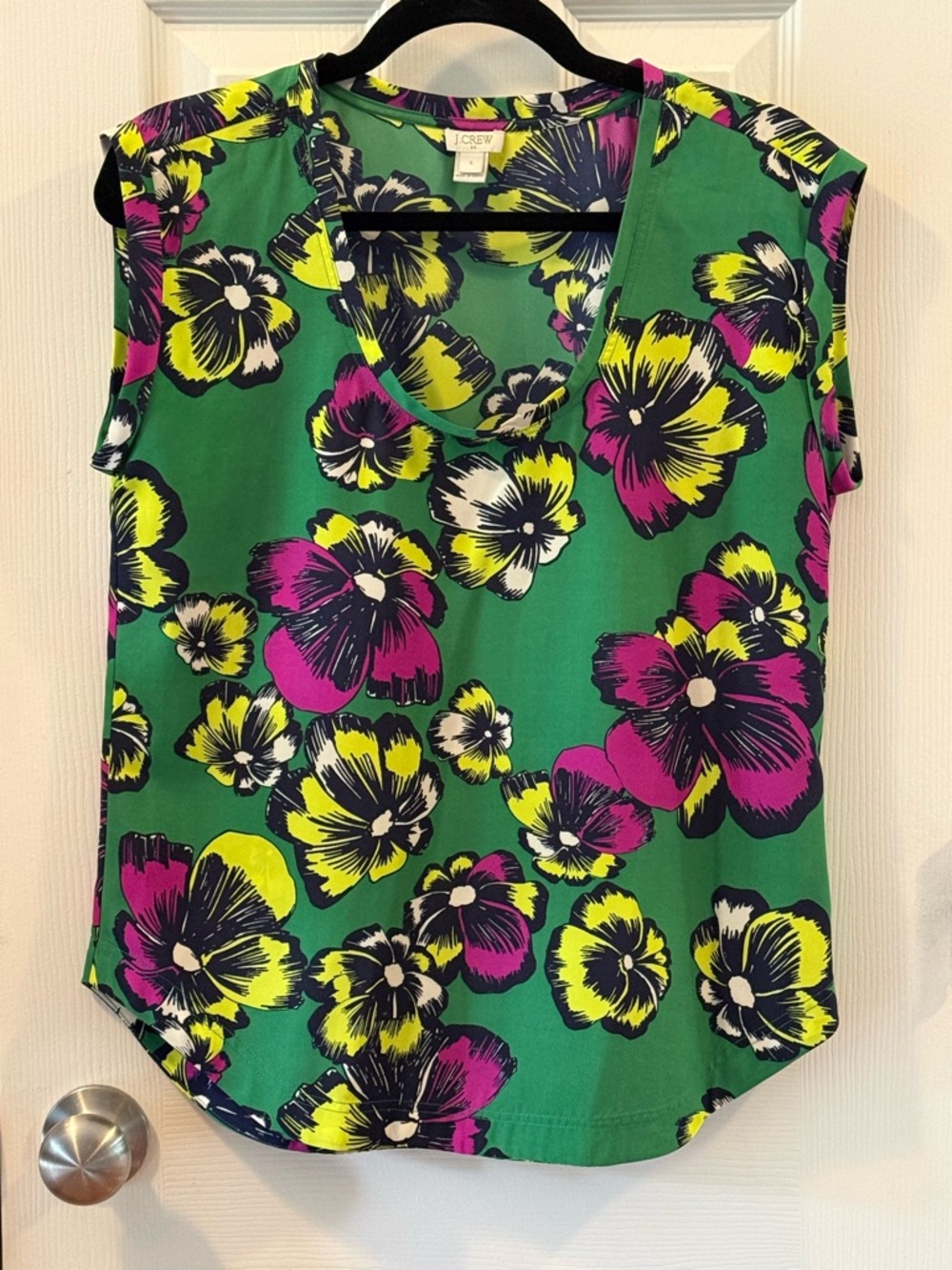 J.Crew Floral Blouse Size 6 Green Pink Yellow Pansy Print Sleeveless Top